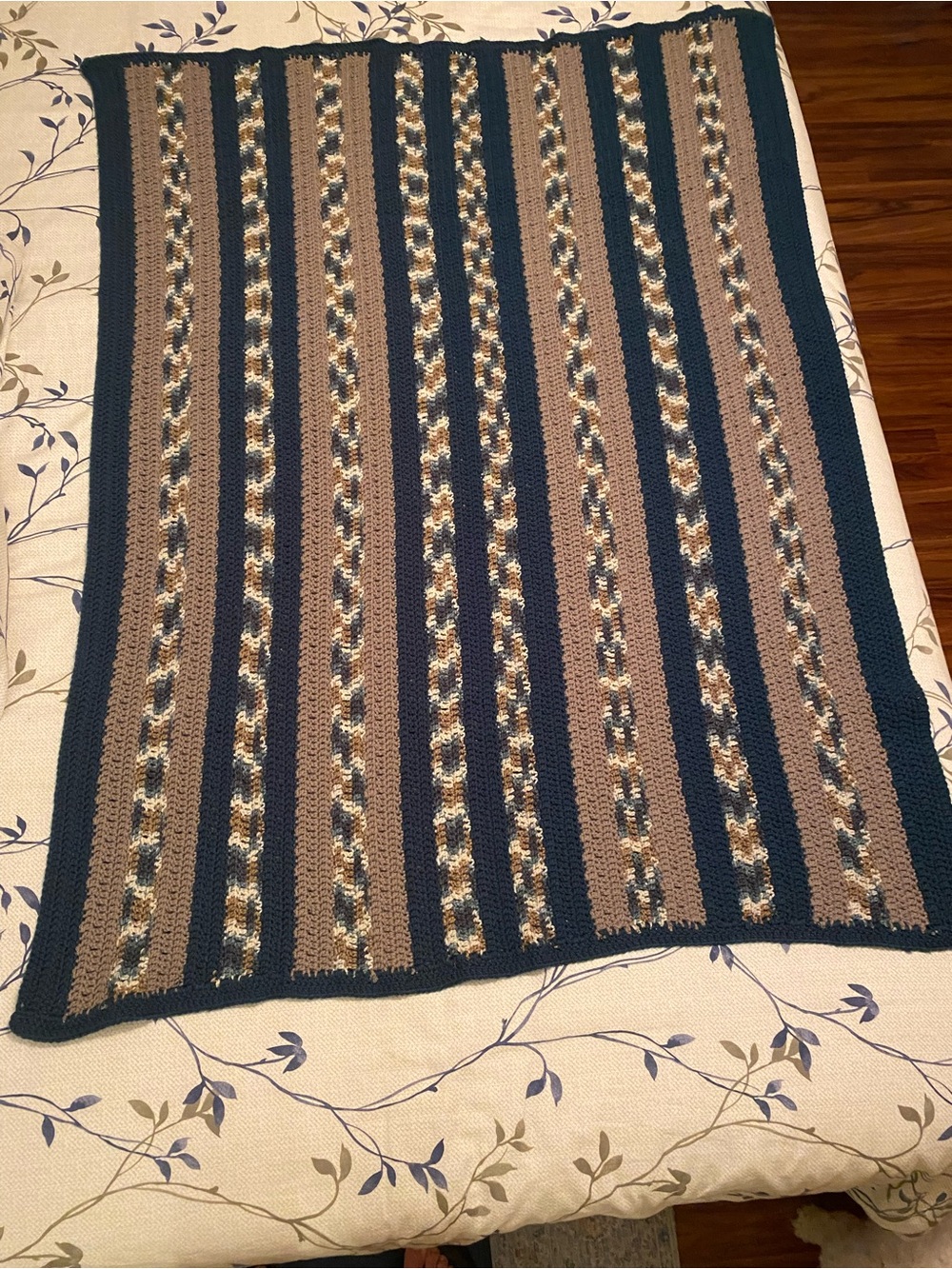 Handmade Crocheted Knit Throw Blanket in Navy, Camel and Cream